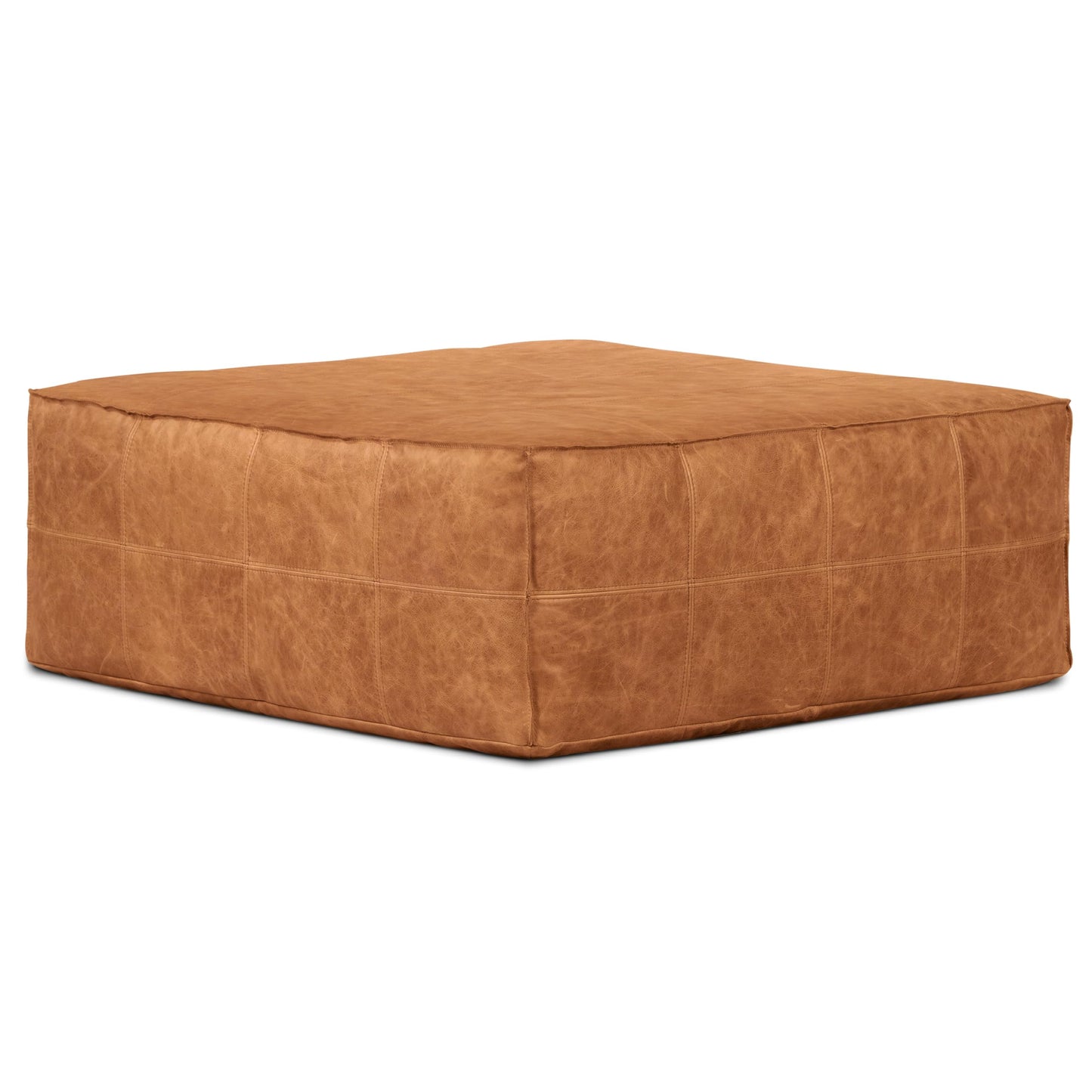 POLY & BARK Denver Ottoman – 43" Large Pouf with Feather-Down Topper – Full-Grain Leather Upholstered Pouf Ottoman for Living Room – Vintage Italian Leather in Cognac Tan