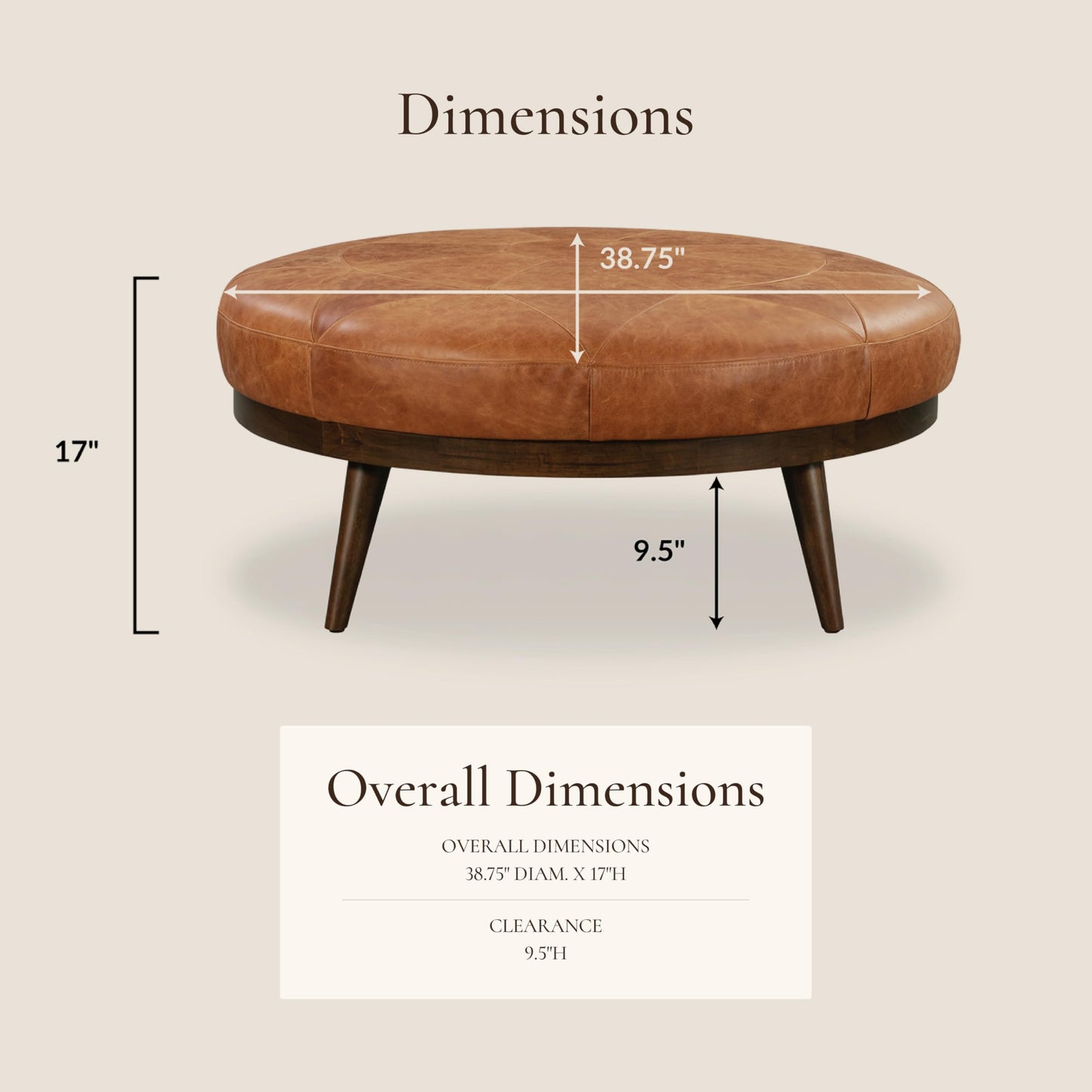 POLY & BARK Denver Ottoman – 43" Large Pouf with Feather-Down Topper – Full-Grain Leather Upholstered Pouf Ottoman for Living Room – Vintage Italian Leather in Cognac Tan