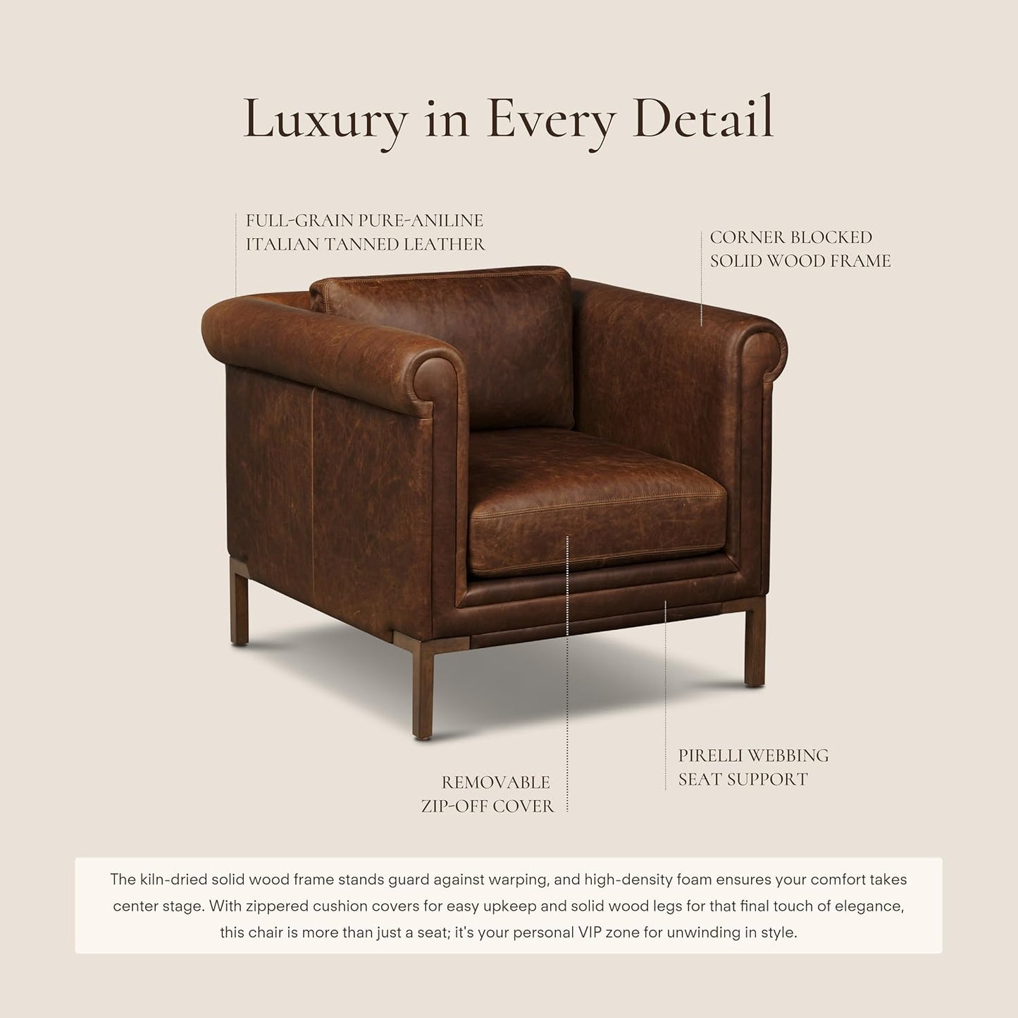 Poly & Bark Bruges Leather Lounge Chair – Chocolate Brown Full-Grain Leather Upholstery – Modern Upholstered Accent Chair for Living Room or Bedroom – Indoor Lounge Seating with Soul
