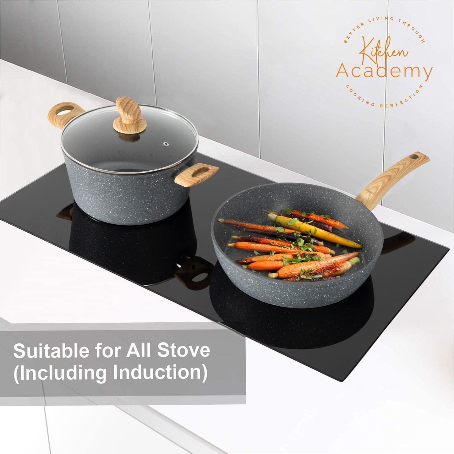 Kitchen Induction Cookware & Bakeware Set - 30 Piece Black Granite Cooking Pans Set, Non-Stick Pots and Pans Set