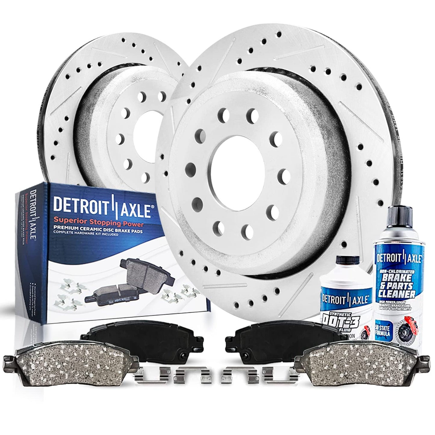 Detroit Axle - Front Brake Kit for Chevy GMC Silverado Suburban Sierra Savana Express 1500 Tahoe Yukon XL Cadillac Escalade ESV EXT Drilled Slotted Disc Brake Rotors Ceramic Brakes Pads Replacement