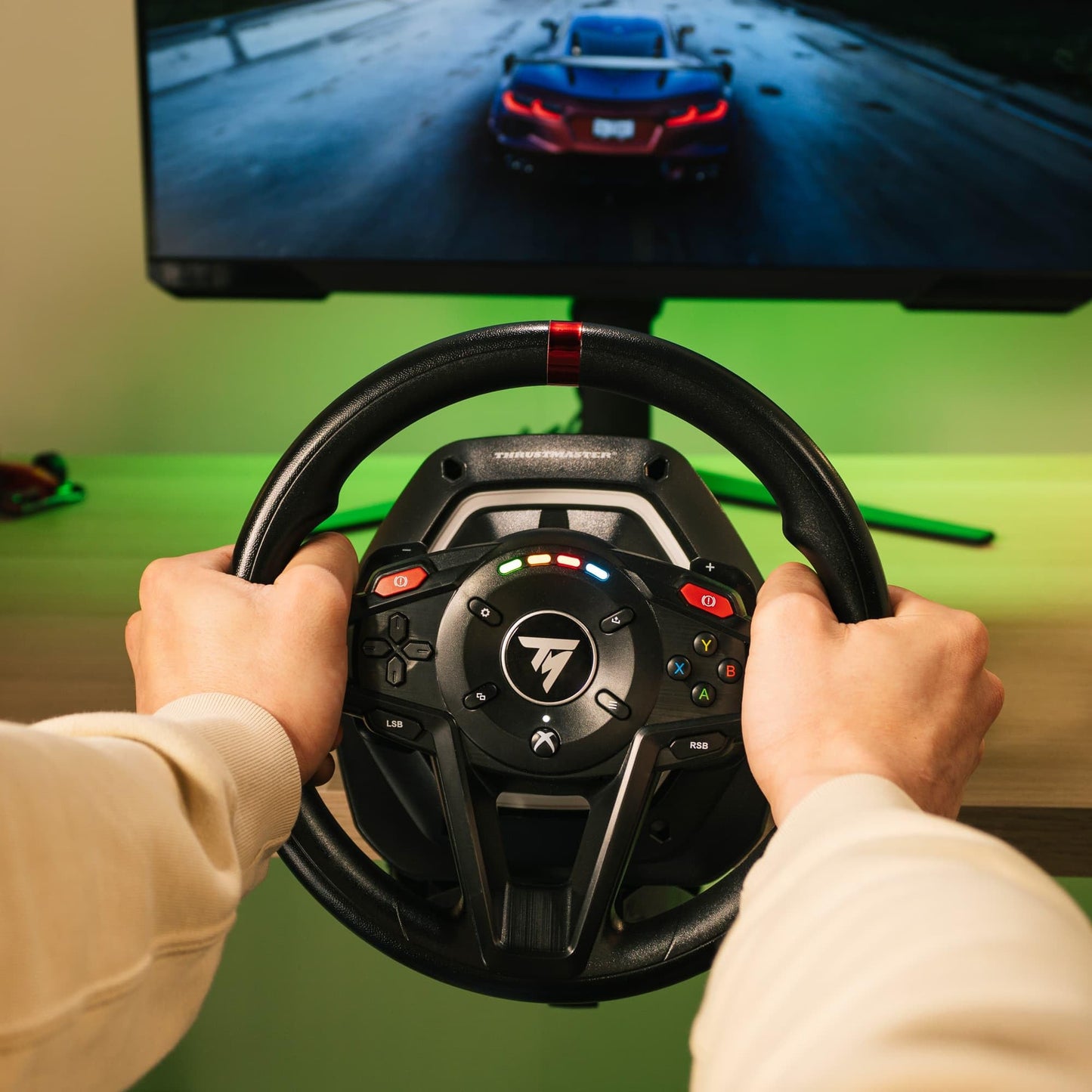 Thrustmaster T128 P Force Feedback Racing Wheel & Pedal Set - PS5 & PC | Magnetic paddle shifters, 900-degree rotation, hybrid drive, quick-attach desk clamp, for sim driving, farming & truck games