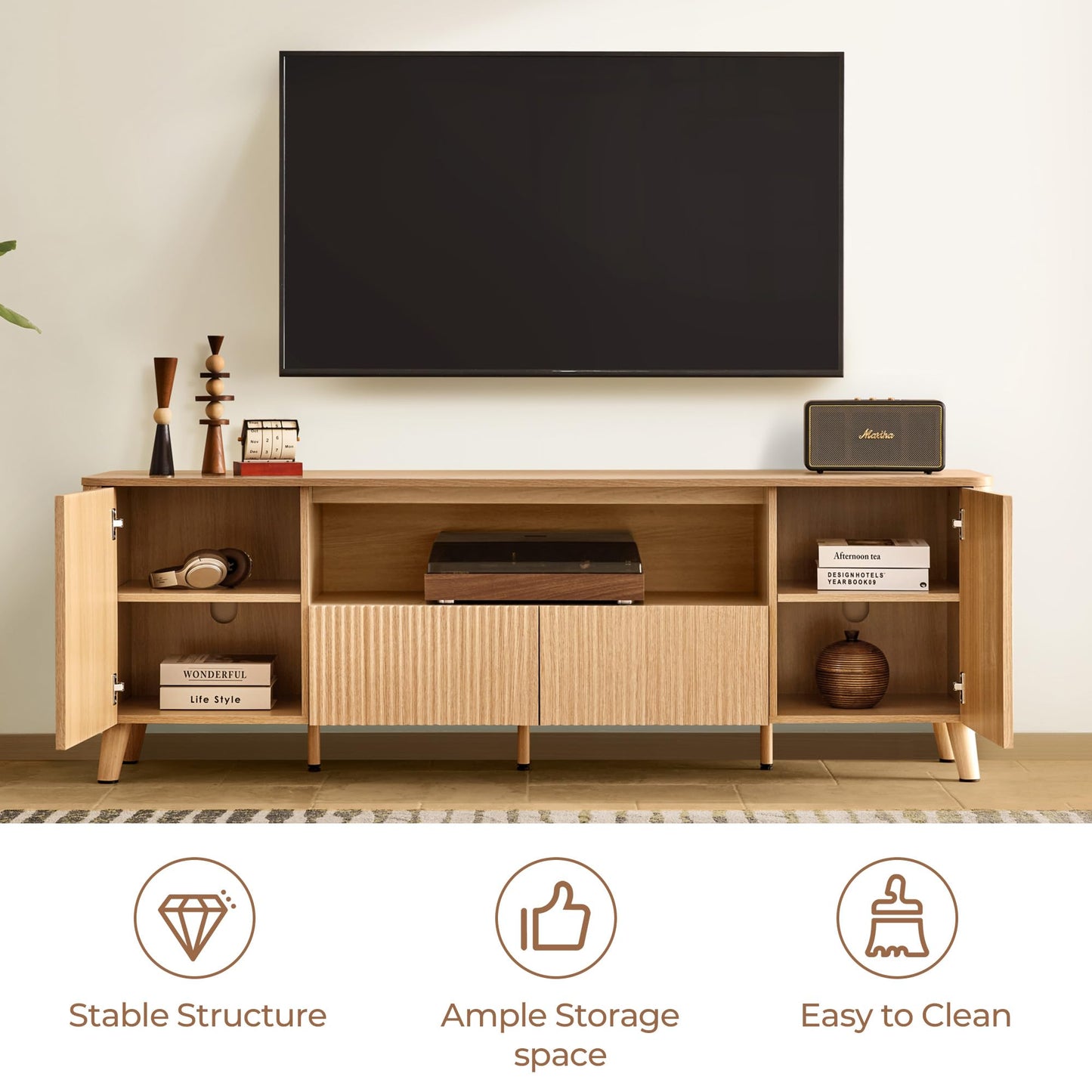 CHITA TV Stands for Living Room, Mid Century Modern TV Stand for 80 inch TV with Storage, Drawers, Adjustable Shelves, Walnut