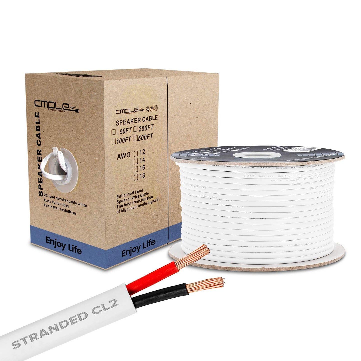 Cmple - 50FT 12AWG Speaker Wire Cable with 2 Conductor Speaker Cable (CCA) Copper Clad Aluminum CL2 Rated In-Wall Speaker Wire for Home Theater & Car Audio - 50 Feet, White