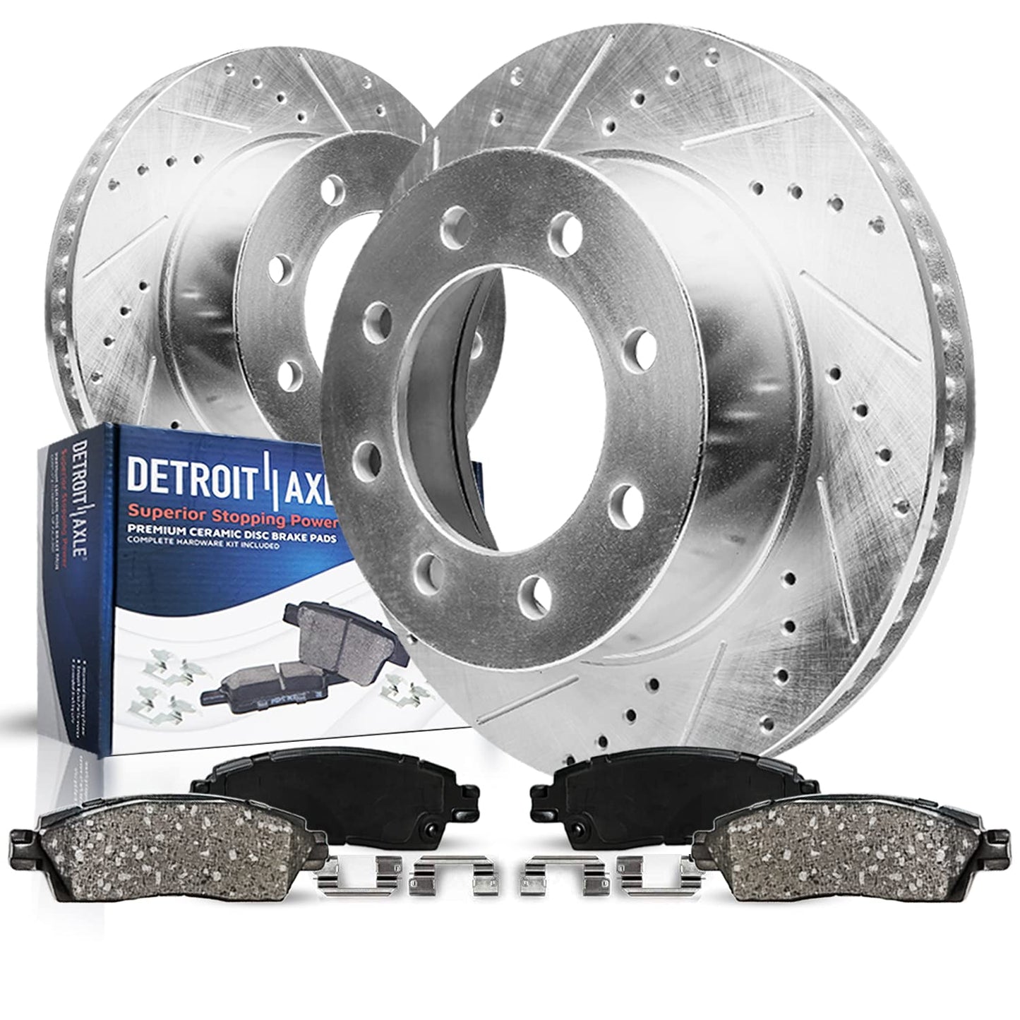 Detroit Axle - Front Brake Kit for Chevy GMC Silverado Sierra 2500HD 3500, Avalanche 2500, Sierra 3500HD, Express Savana 3500 4500 Drilled Disc Brakes Rotors Ceramic Brake Pads Replacement:12.8" inch