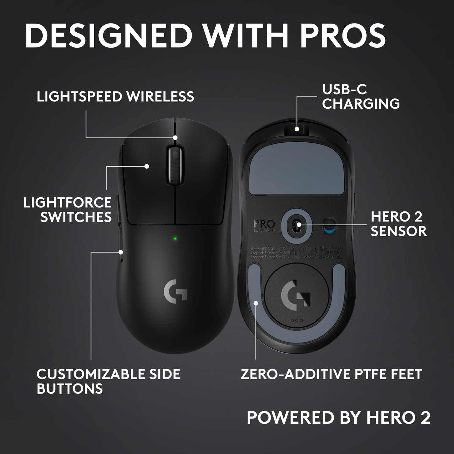 Logitech G PRO X Superlight 2 Wireless Gaming Mouse - Black | 60g, Symmetrical Shape, <8 kHz Polling, 44K DPI, PowerPlay Wireless Charging Supported, USB-C, 5 Buttons, For PC/Mac