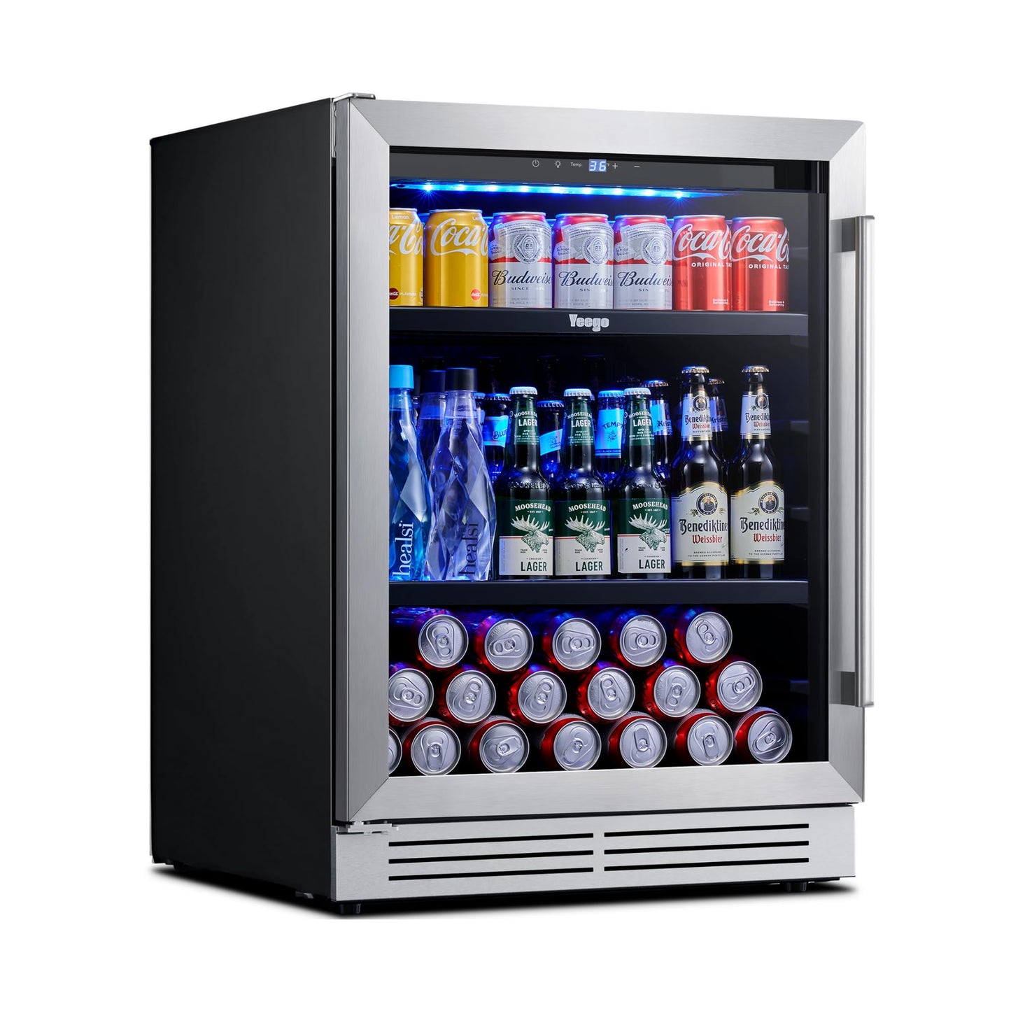 Yeego 24-Inch Beverage Refrigerator, Built-In or Freestanding Beverage Cooler, Up to 180 Cans, Glass Door Mini Fridge for Soda, Beer, Water & Wine (Left-Hinged)