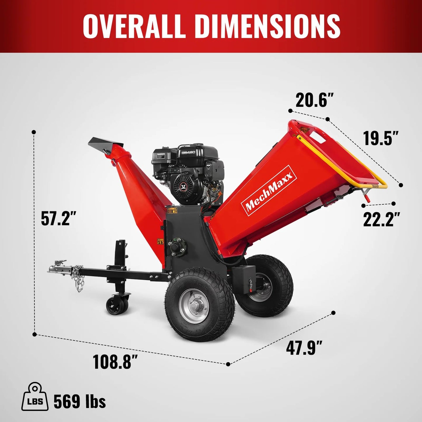 MechMaxx 6 inch ZONSEN 459cc 15hp E-Start Gas Powered 4-Wheels Wood Chipper Shredder Mulcher with Towbar/Tail Light/Emergency Stop Button/Stop Bar, Model B150 Red