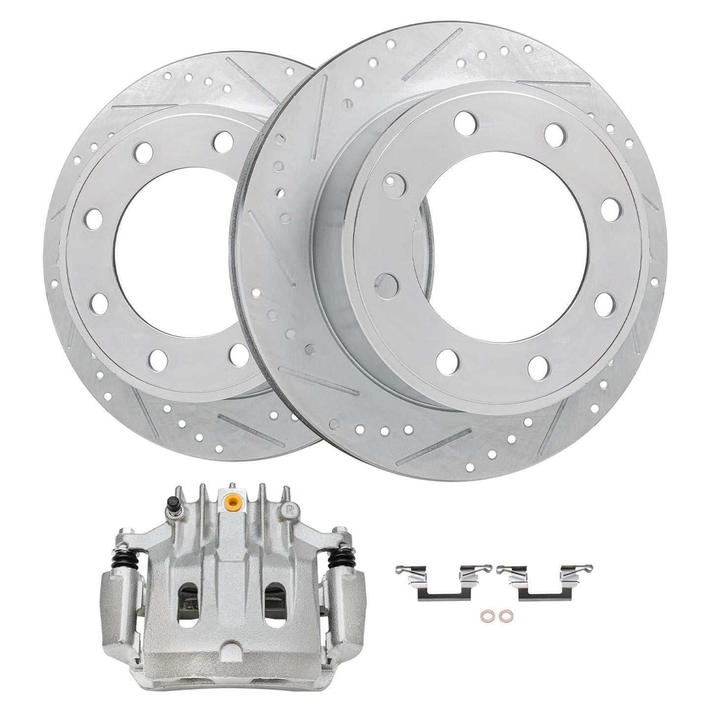 Detroit Axle - Front Brake Kit for Chevy GMC Silverado Sierra Suburban Express Savana 1500 Tahoe Yukon XL Escalade ESV EXT XTS Drilled & Slotted Brake Rotors Ceramic Brakes Pads : 12.99'' inch Rotor