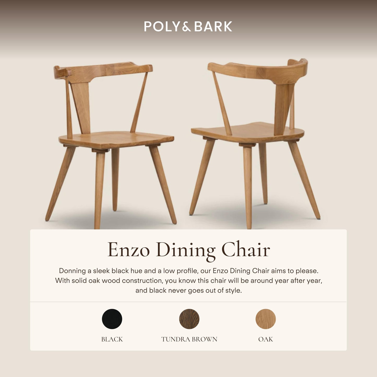 POLY & BARK Mid Century Modern Enzo Black Dining Chair – Solid Oak Wood Splat Back Chair, 18" Seat Height, 32" Tall – Stylish MCM Kitchen & Dining Room Chair