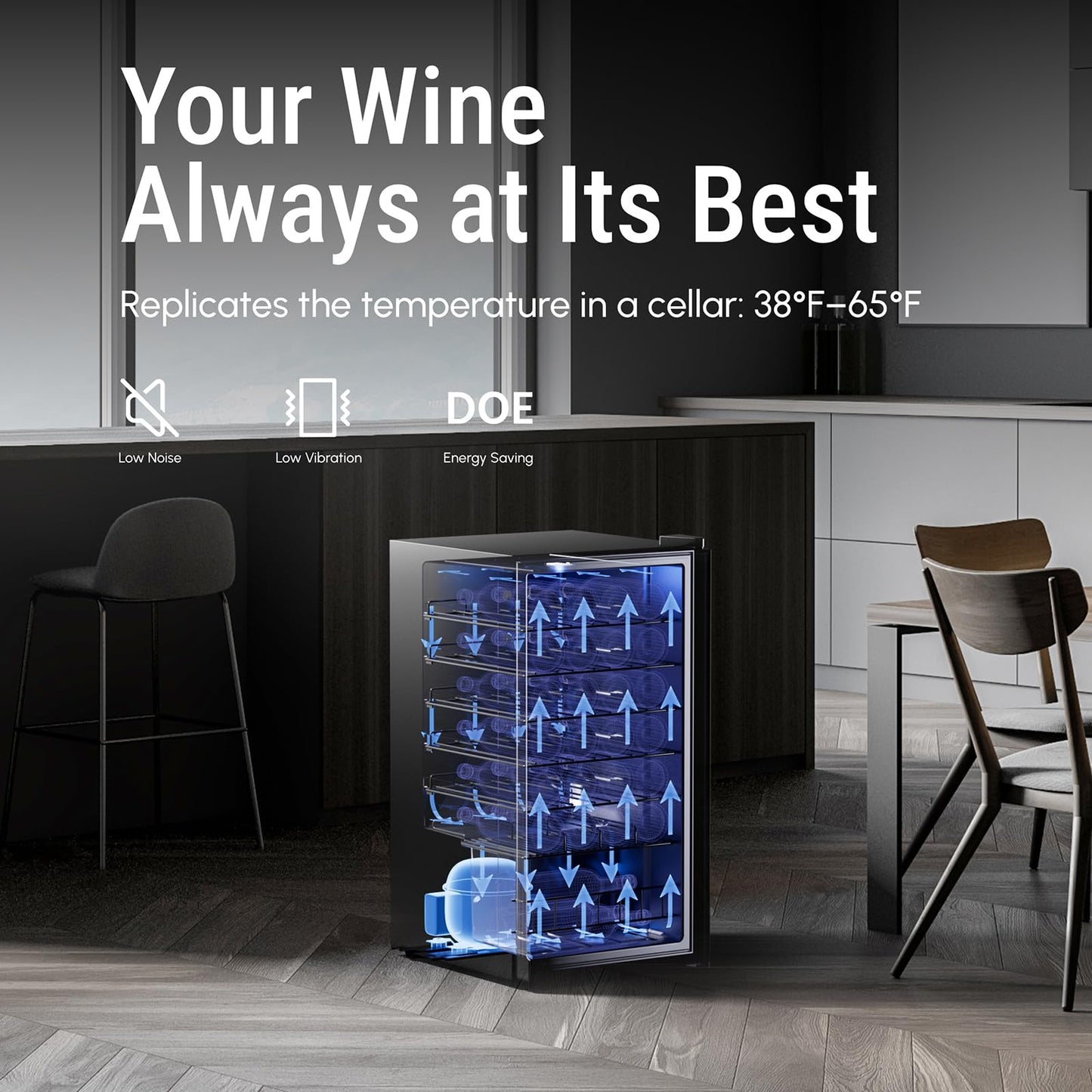 Yeego 34 Bottle Wine Fridge, Freestanding Compressor Wine Cooler Refrigerator, Wine Cellar with 38-65℉ Digital Temperature Control & Double-layer Glass Door for Red and White, Champagne, Black