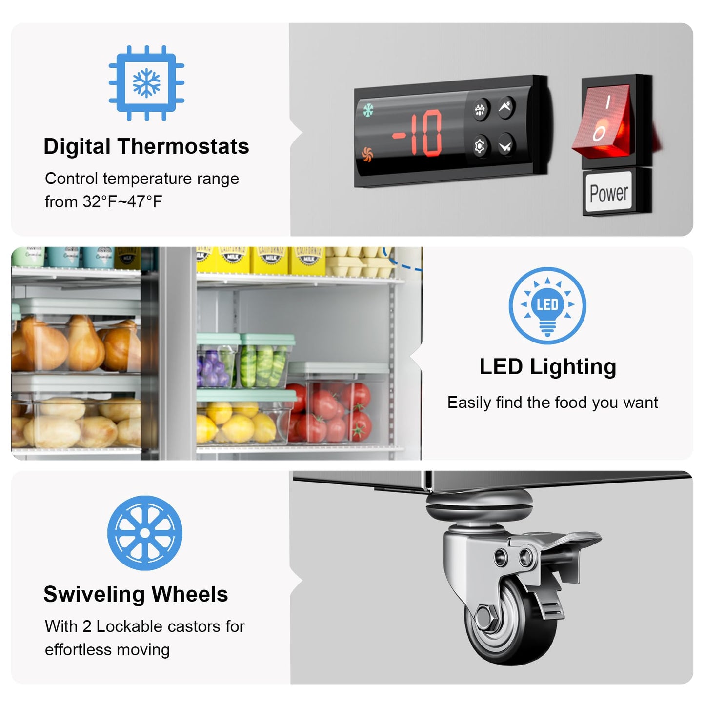 48" W 4 Door Commercial Refrigerator, 36 Cu.ft Stainless Steel Industrial Fridge (32℉~47℉) with 8 Adjustable Shelves, Lockable Door, Wheels, Auto-Defrost for Restaurant, Kitchen, Shop