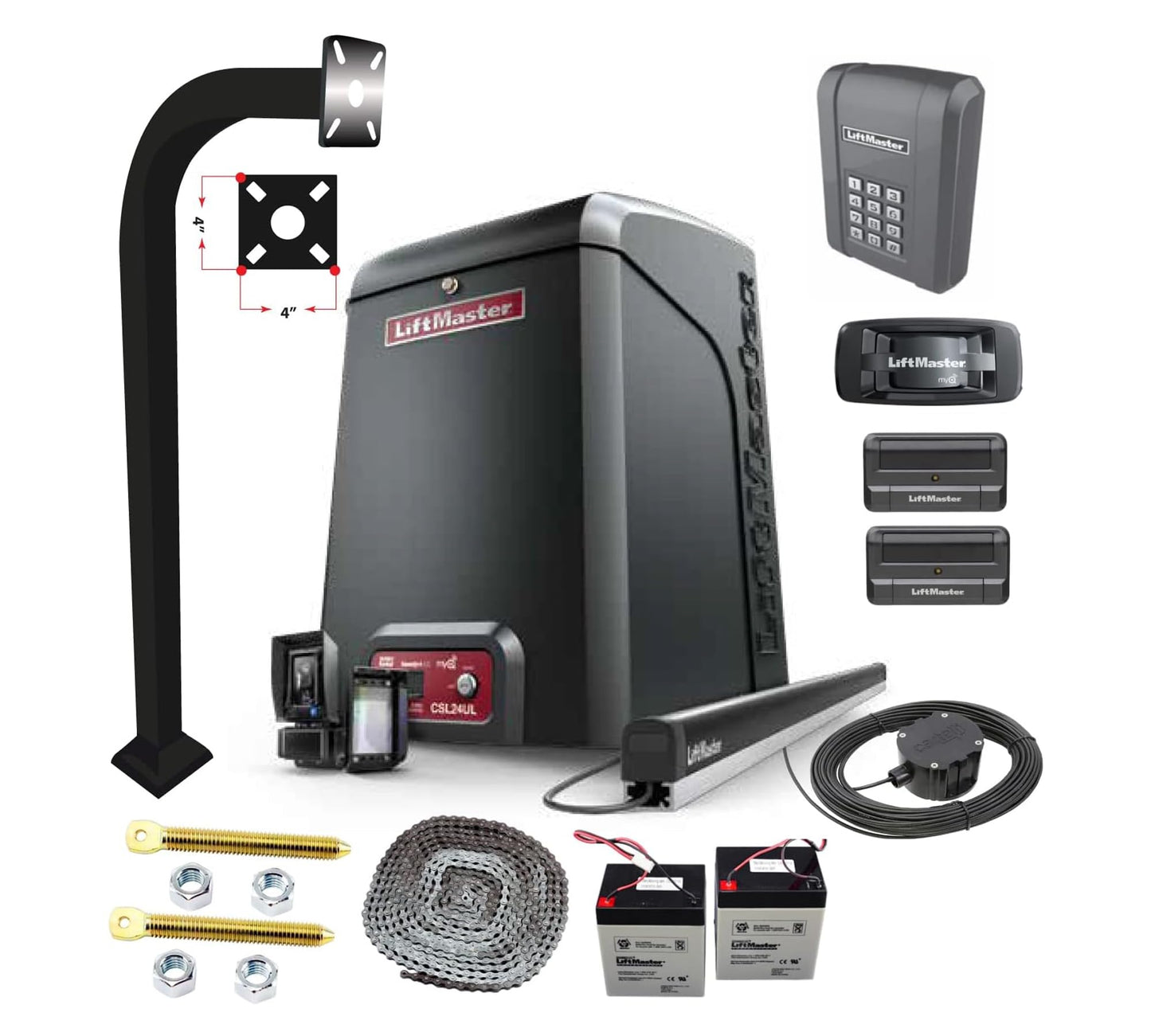 LiftMaster CSL24UL Commercial Slide Gate Operator – High-Traffic Gate Opener Kit with 811LM Remotes, KPW5 Keypad, myQ 828LM Gateway, LMRRUL Photo Eye, S505AL, LA Ornamental 42" Pedestal, CP4 Cartell