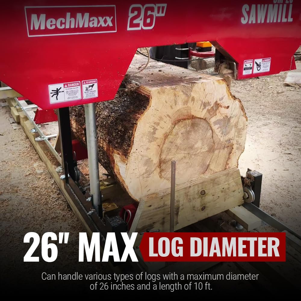 MechMaxx 32" Portable Sawmill, ZONSEN 459cc 15HP E-Start Gasoline Engine, 26.5" Board Width, 13' Track Length, Model SM-32