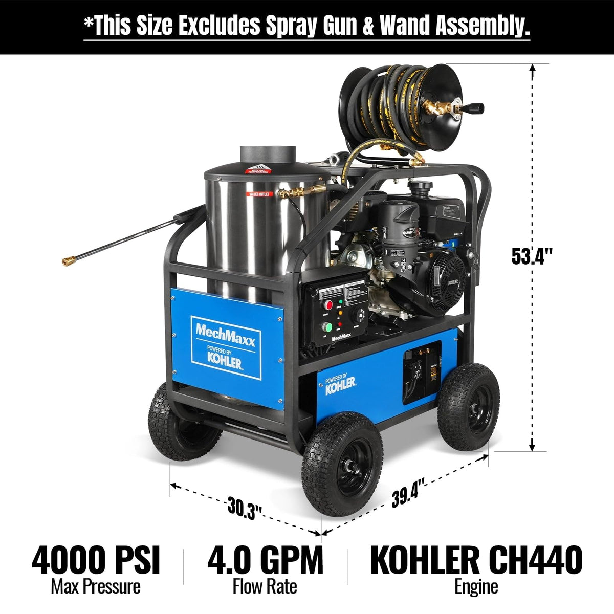MechMaxx 4000 PSI 4 GPM Kohler E-Start Engine Hot Water Pressure Washer Skid Mounted with 245 Gal Tank, Model HPW40KBT