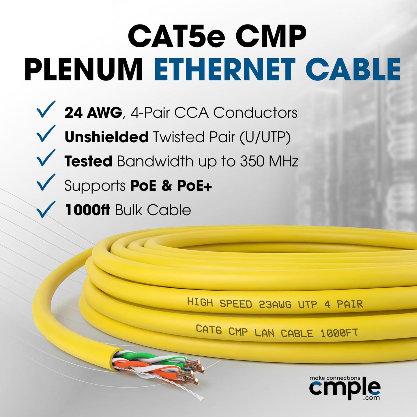 Cmple - Cat5e Plenum Cable 1000ft, CMP, Blue 350MHz Gigabit Ethernet Solid Network Internet Bulk UTP