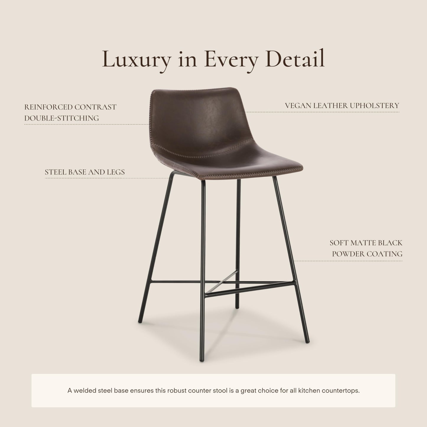 POLY & BARK Paxton Leather Counter Stools 24 Inches – Set of 2 - Counter Height Bar Stools with Back – Modern Barstools for Kitchen Island or Counters – Faux Leather & Matte Black Steel Base – Tan