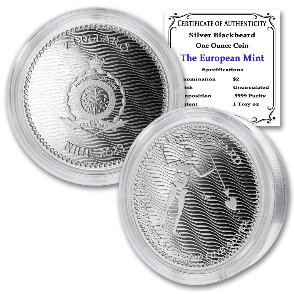 2023-1 oz Niue Silver Jolly Roger Series: Blackbeard Coin Brilliant Uncirculated (In Capsule) with Certificate of Authenticity $2 Seller BU