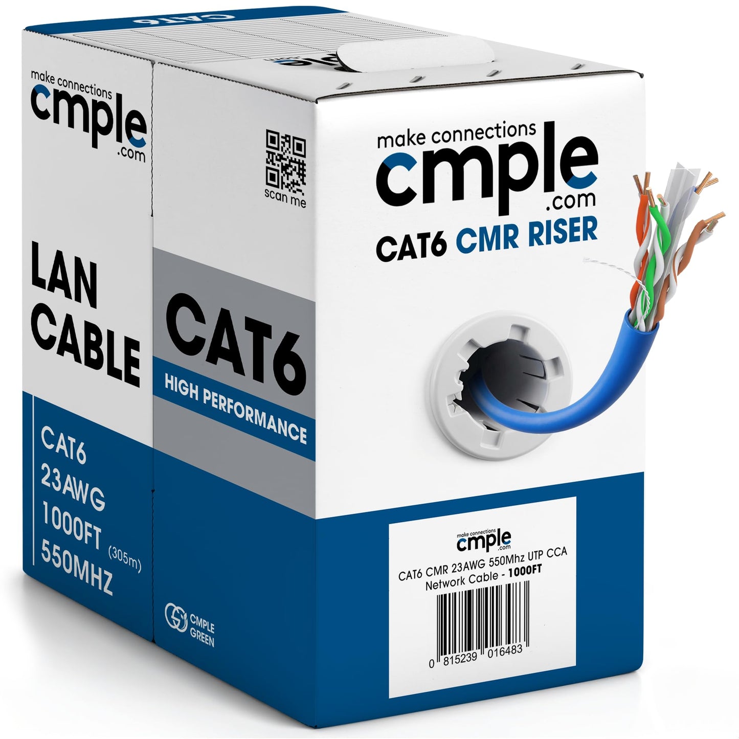 Cmple - Cat6 Cable 1000ft Bulk Lan Ethernet Cat 6 Wire Network UTP 23AWG CMR Riser 10Gbps 550 MHz Pull Box 1000 Feet, Black