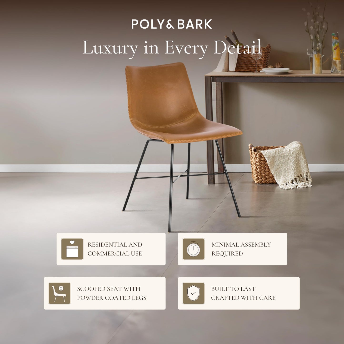 POLY & BARK Paxton Leather Counter Stools 24 Inches – Set of 2 - Counter Height Bar Stools with Back – Modern Barstools for Kitchen Island or Counters – Faux Leather & Matte Black Steel Base – Tan
