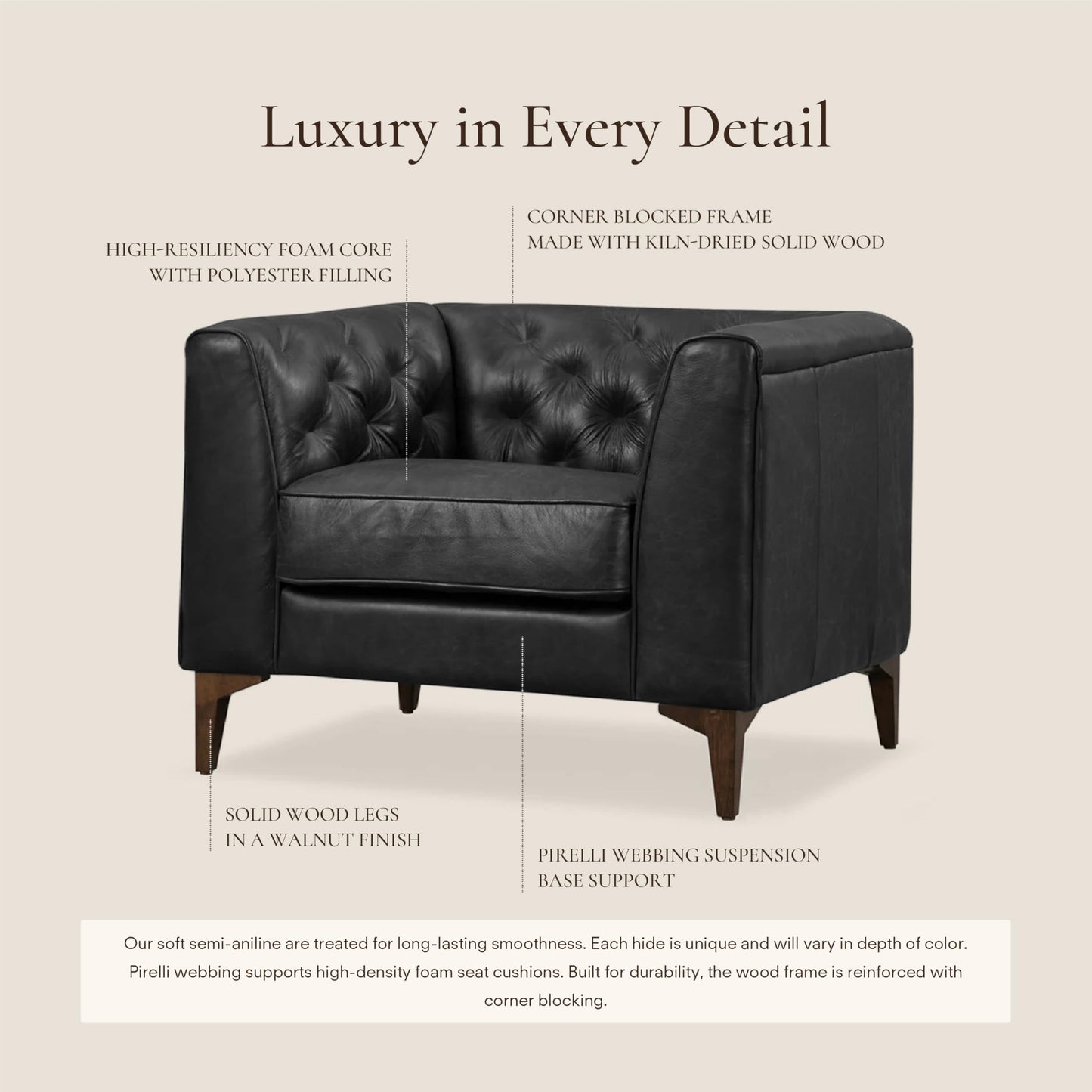 POLY & BARK Essex 89” Full-Grain Italian Leather Sofa – Tufted Back, Feather-Down Comfort, Solid Wood Frame, Cognac Tan