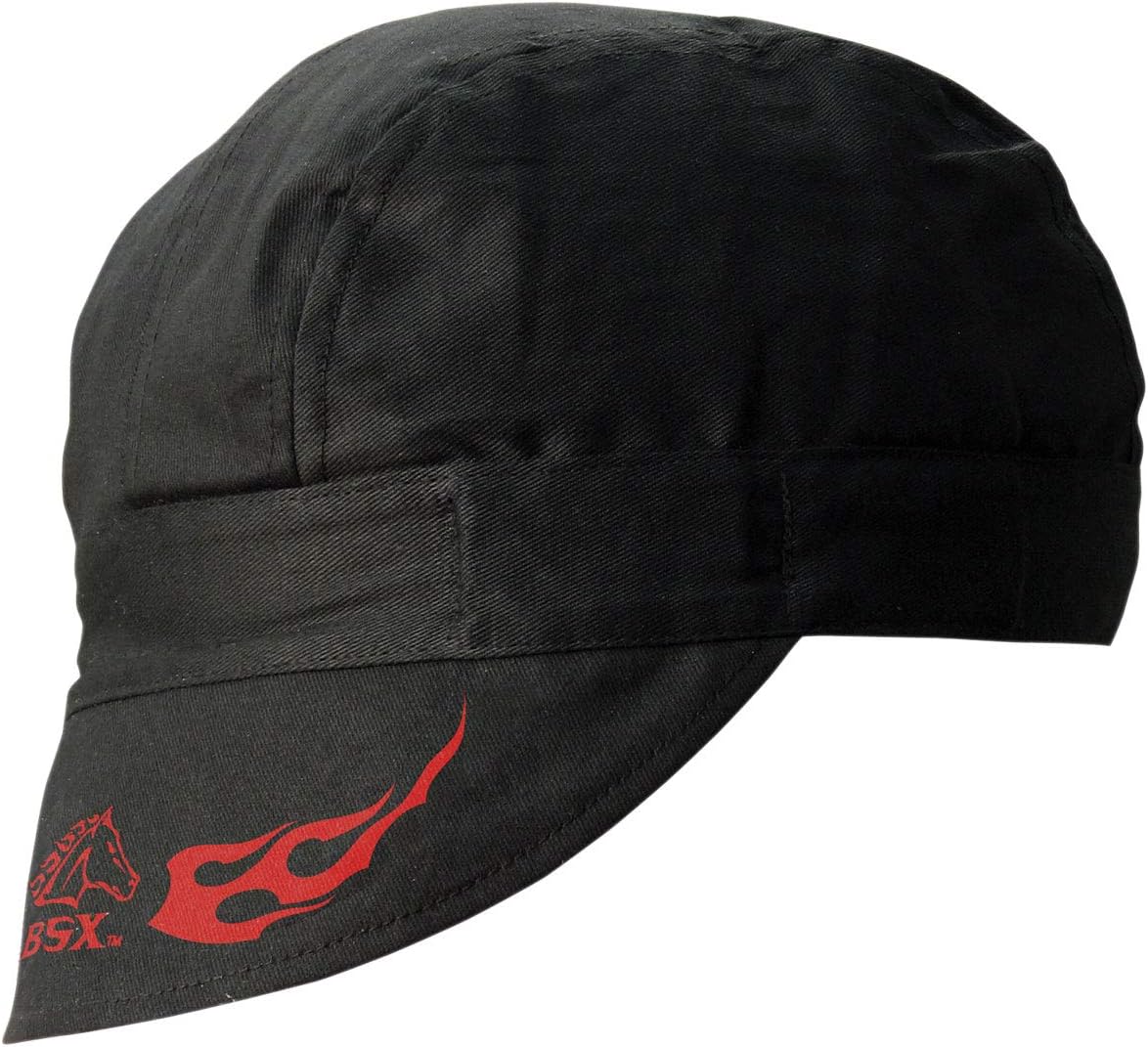 BSX Black Stallion (BC5W) Cotton Welding Cap, Double Layer Construction for Protection, Neck Guard, 100% Cotton, One Size Fits Most, Black with Red Detailing