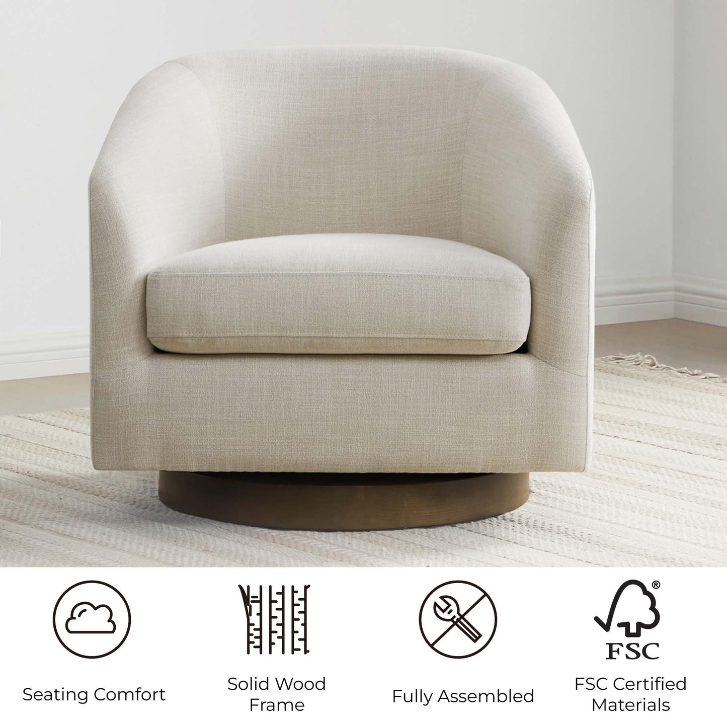 CHITA Swivel Accent Chair Set of 2, Fully Assembled Fabric Barrel Armchair with FSC Certified Upholstered for Living Room, Bedroom and Office, Flax Beige