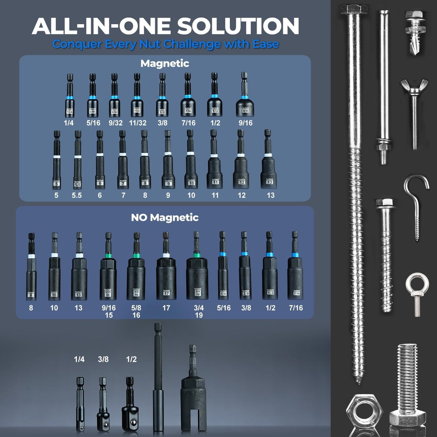 toolant Impact Magnetic Nut Driver Set, 38pcs Impact Driver Bit Set, Deep Nut Driver Set, Impact Socket Adapters, Wing Nut Driver, Bit Extension, 1/4'' Quick Change