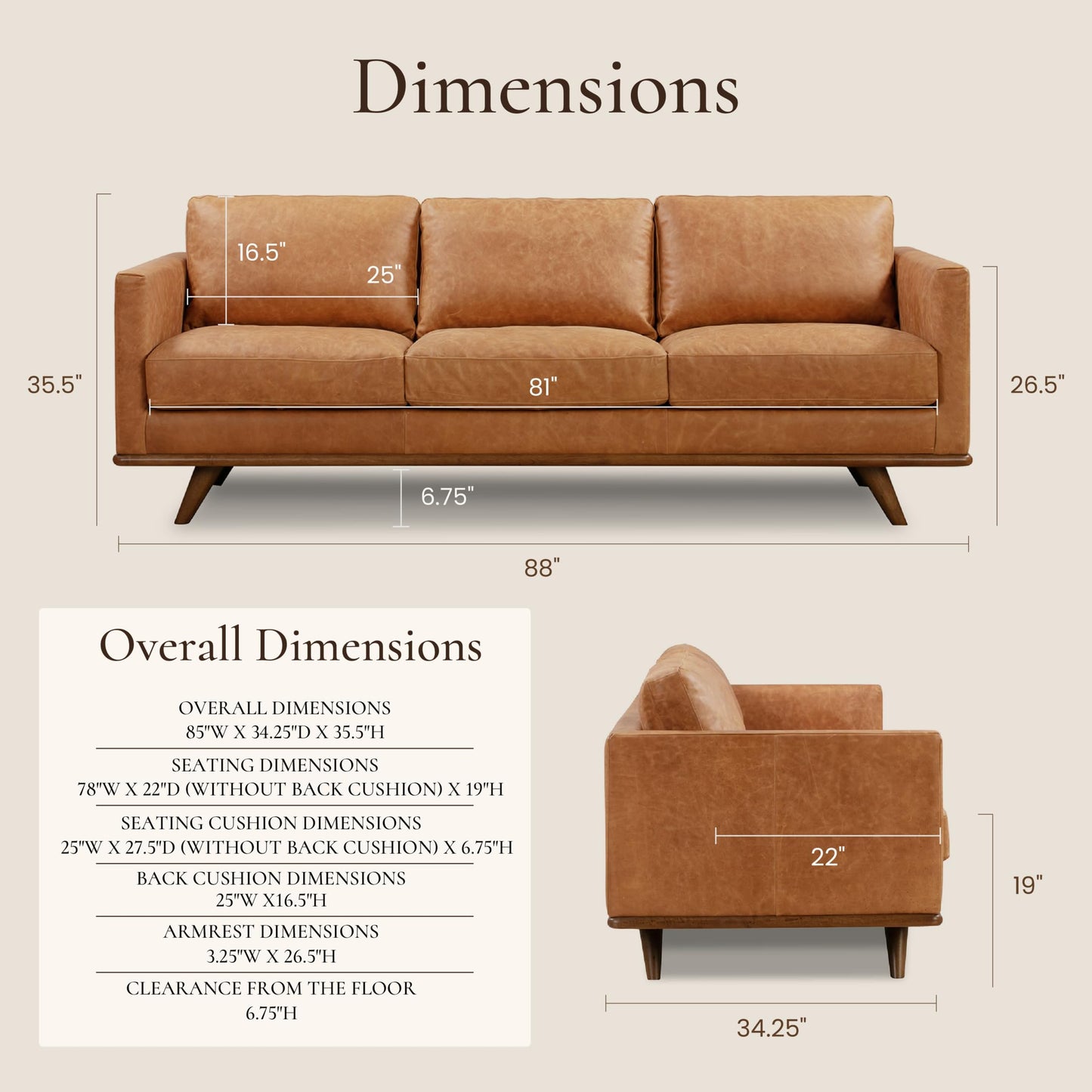 POLY & BARK Sorrento 86" Sofa – Cognac Tan Full-Grain Pure-Aniline Italian Leather, Feather-Down Cushions, Solid Wood Frame & Walnut Legs