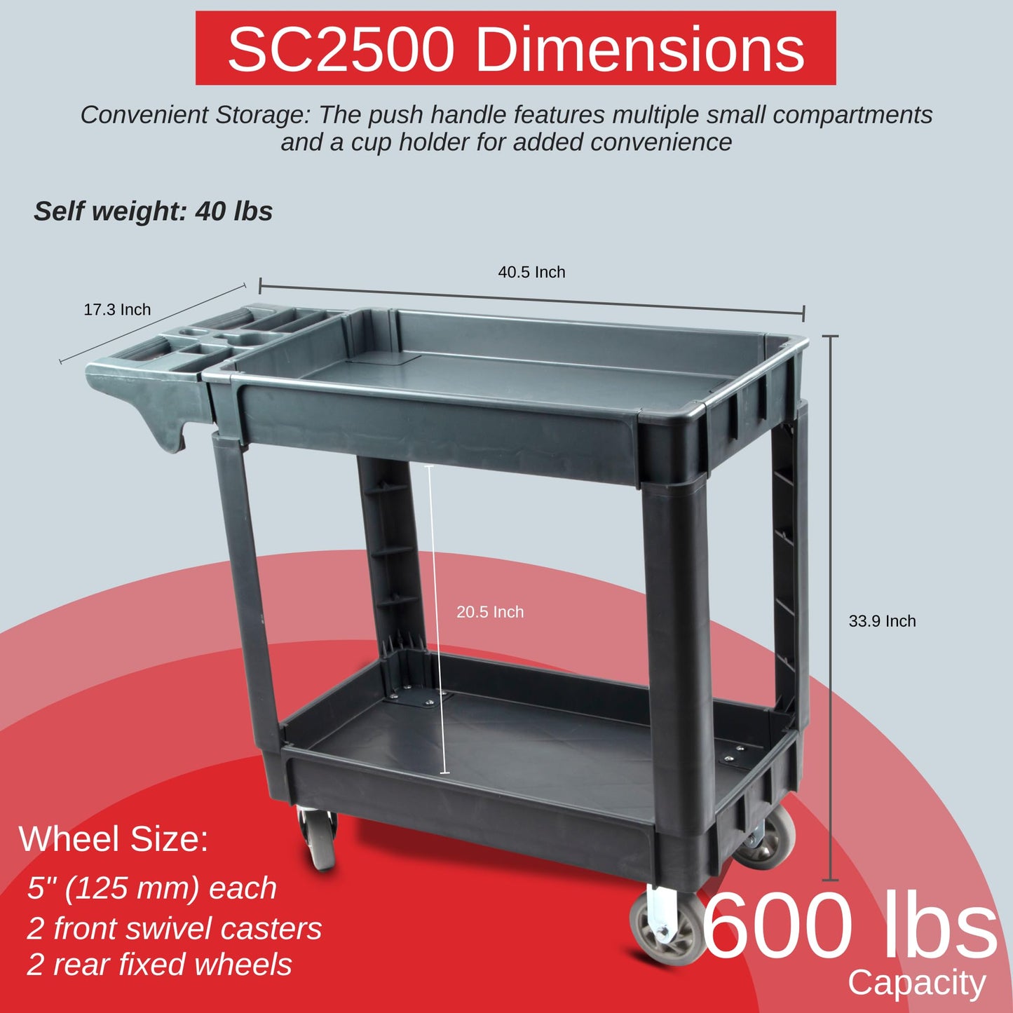 600 lbs Heavy Duty Rolling Utility Service Cart with Wheels, 3-Tier HDPE Deep Shelves, 5" Caster Wheels for Warehouse/Garage/Restaurants/Offices (SC3500D)