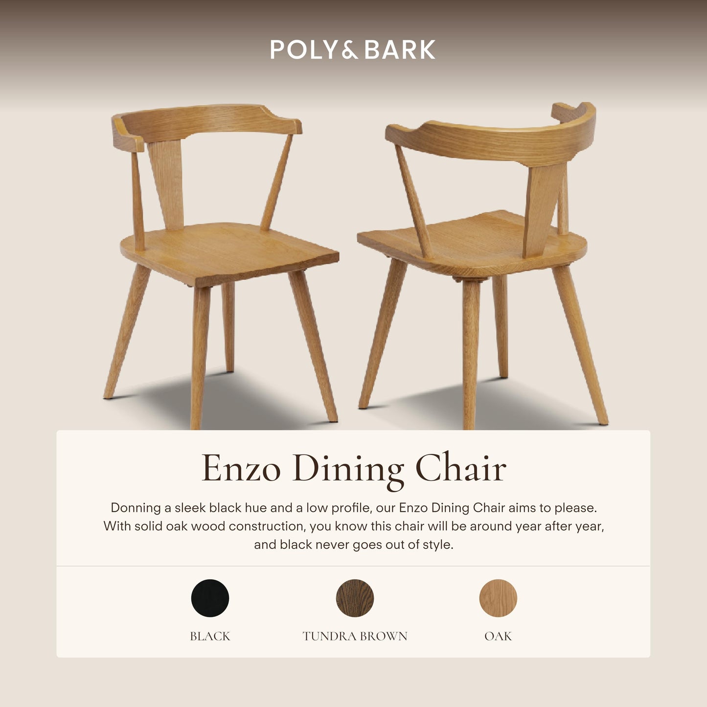 POLY & BARK Mid Century Modern Enzo Black Dining Chair – Solid Oak Wood Splat Back Chair, 18" Seat Height, 32" Tall – Stylish MCM Kitchen & Dining Room Chair
