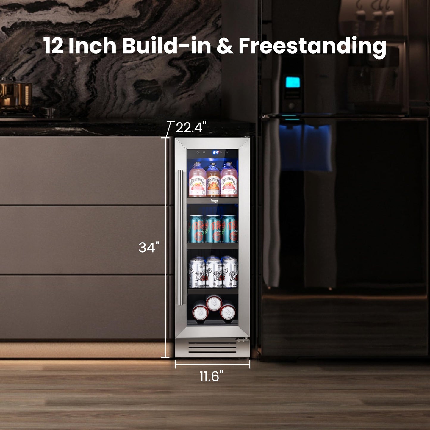 Yeego 24 Inch Beverage Refrigerator – 180 Can Built-In Under Counter Drink Fridge with Glass Door, 34–54°F Cooling for Beer, Soda & Wine (Right-Hinged)