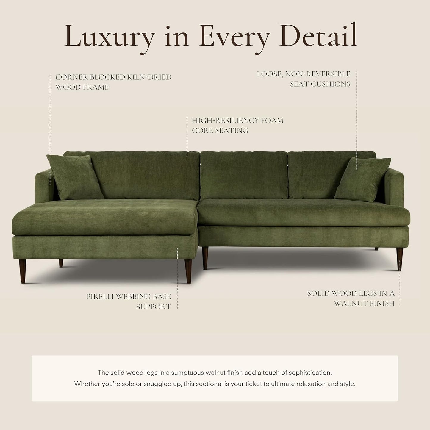 POLY & BARK 108" Lucerne Left-Facing Sectional Sofa with Extra-Wide Chaise – Upholstered in Distressed Green Velvet – Deep, Relaxed Modern Design for Living Room Lounging, Hosting and Everyday Comfort