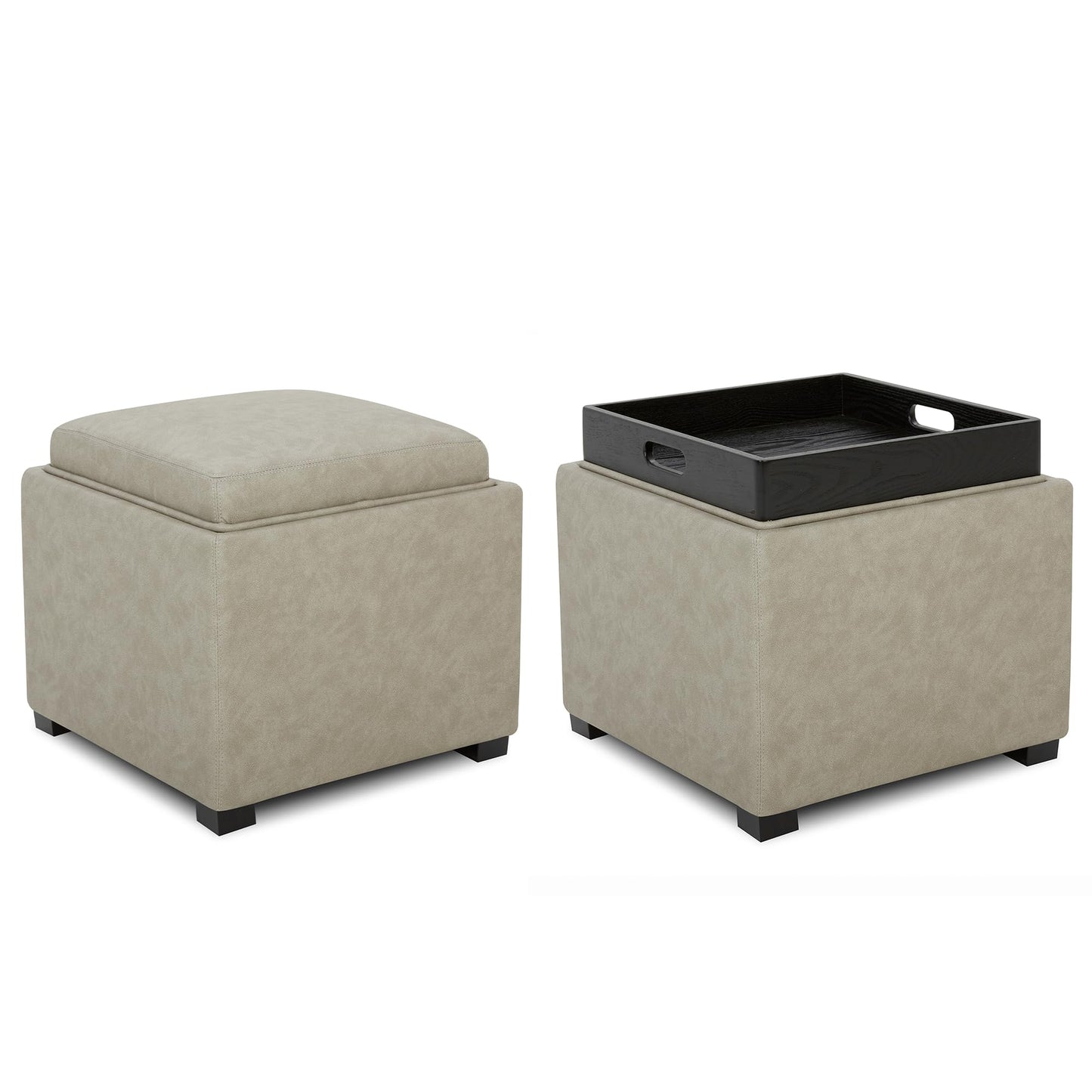 CHITA Storage Ottoman Cube with Tray Lid, Small Footstool with Storage, Square End Table for Living Room and Bedroom, Faux Leather in Saddle Brown