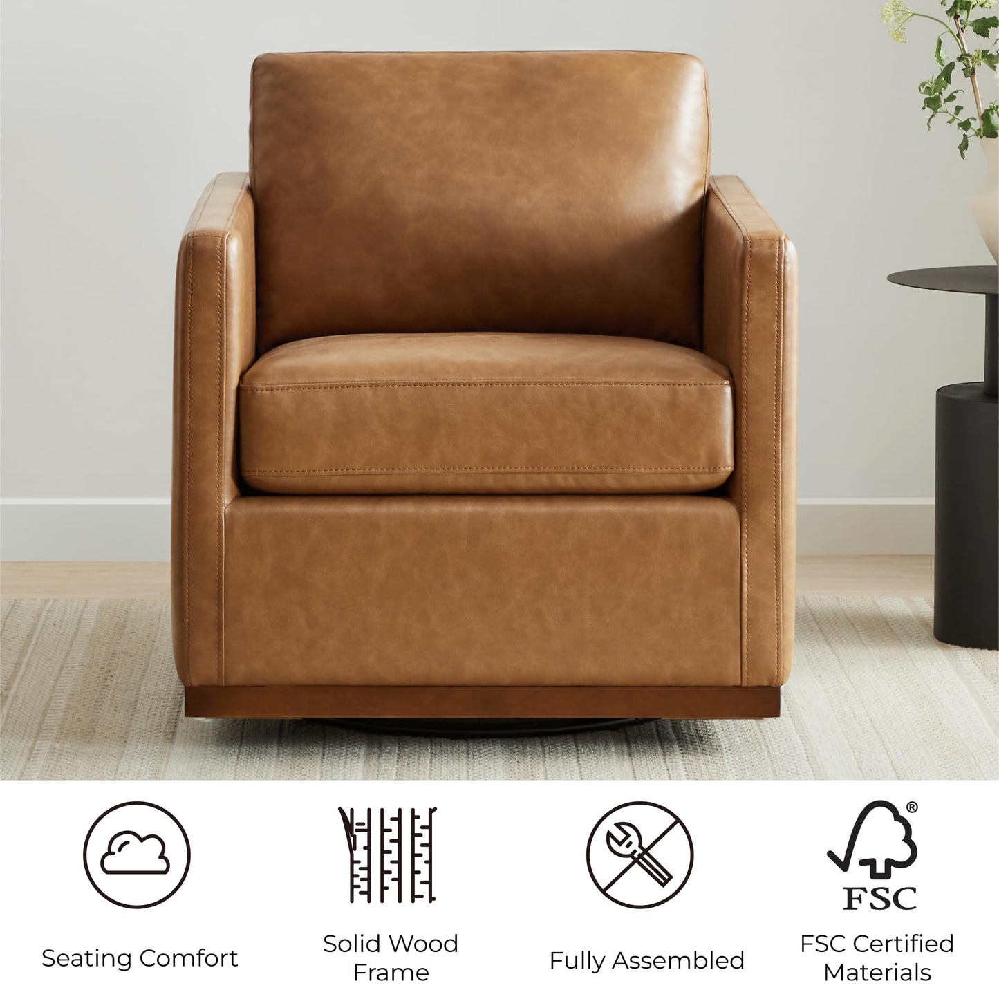 CHITA Genuine Leather Swivel Accent Chair, FSC Certified Mid Century Modern Arm Chair for Living Room and Bedroom, Fully Assembled, Saddle
