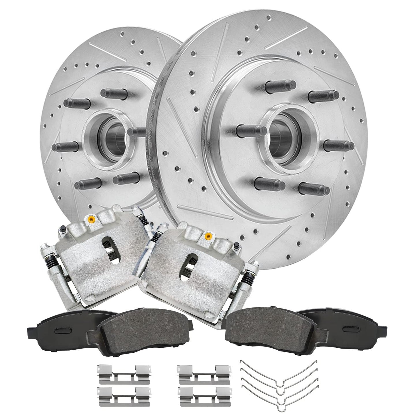 Detroit Axle - Front Brake Kit for Chevy GMC Silverado Suburban Sierra Savana Express 1500 Tahoe Yukon XL Cadillac Escalade ESV EXT Drilled Slotted Disc Brake Rotors Ceramic Brakes Pads Replacement