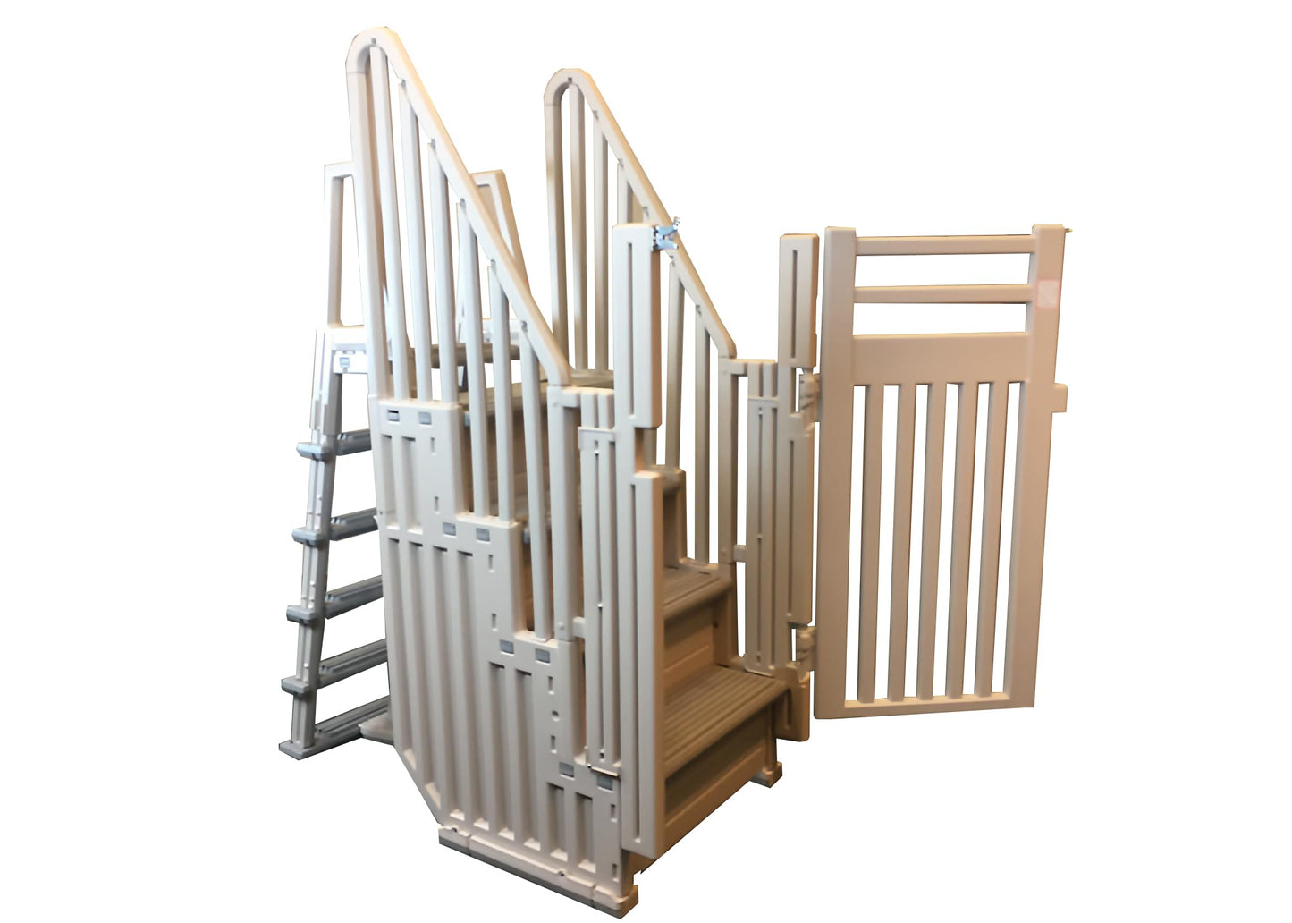 Confer Plastics Step-1X: Sturdy Above Ground Entry System with Dual Handrails and Slip-Resistant Steps, Easy Installation, Supports up to 400 lbs - Proudly Made in USA. Warm Grey with Grey Treads