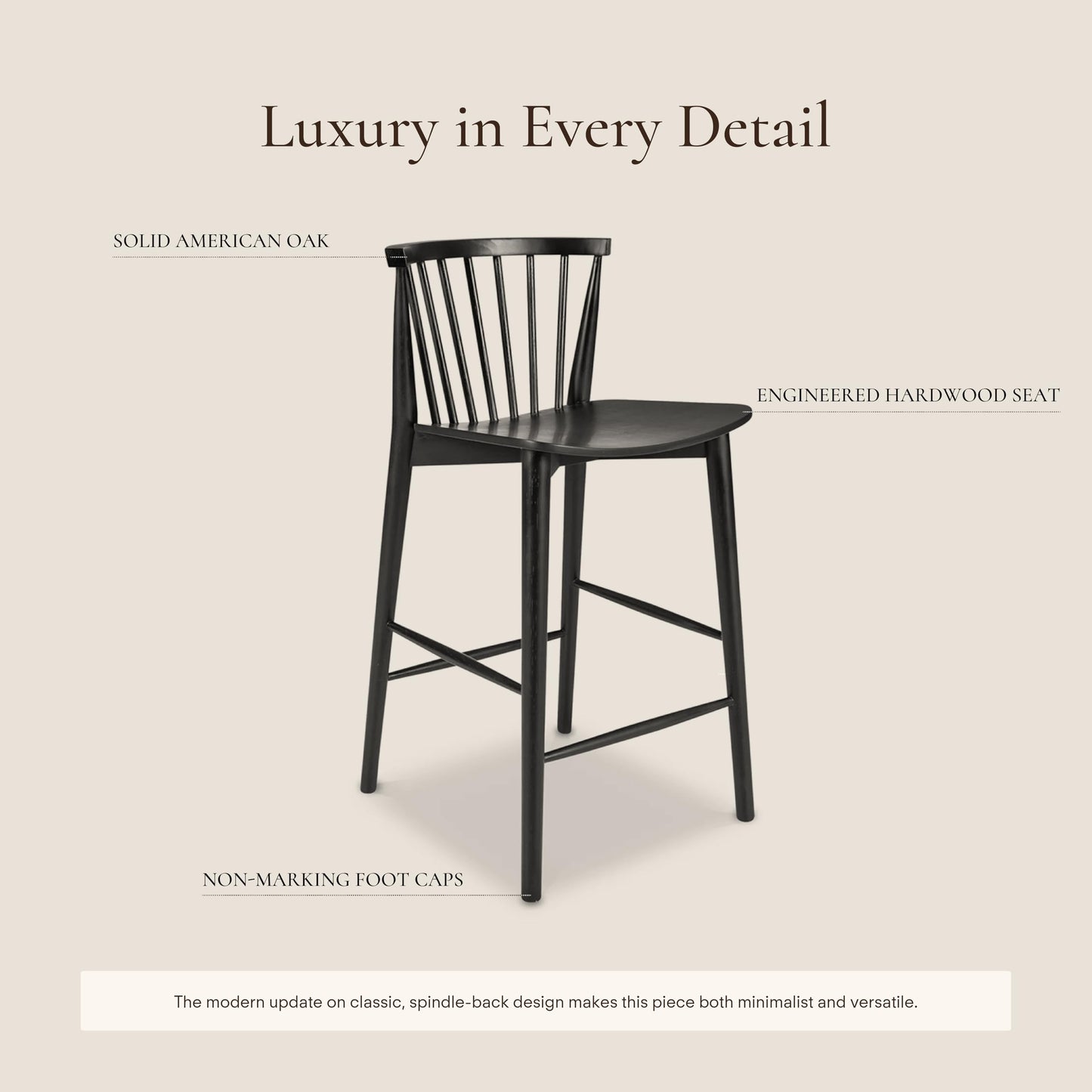 Poly & BARK Ligna Counter Stool in Black – Mid-Century Inspired Stool with Sculpted Spindle Back – Solid American Oak Frame and Engineered Wood Veneered Seat – Fully Assembled and Ready to Use