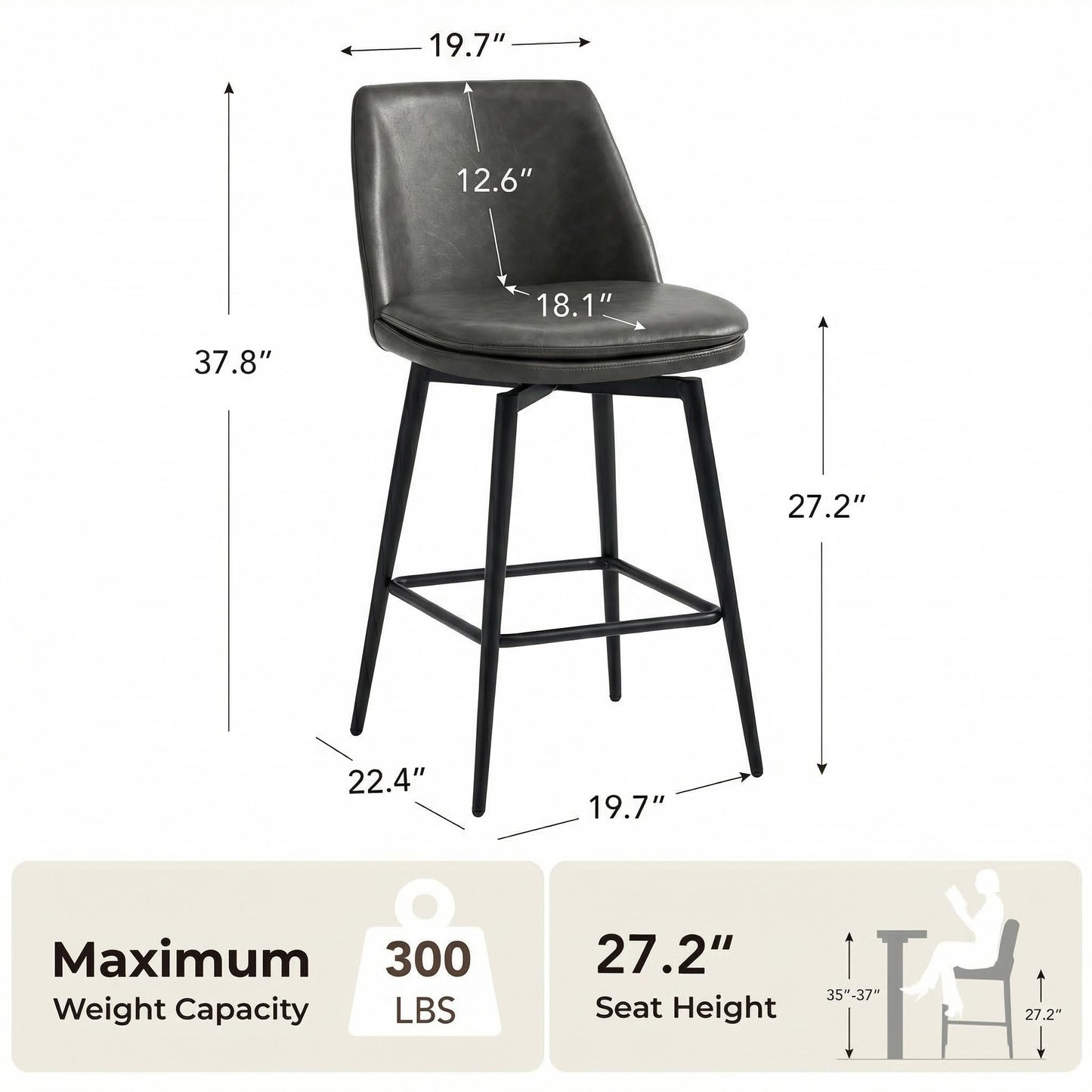 CHITA Swivel Bar Stools, 27.2" Counter Height Bar Stools Set of 3, FSC Certified Upholstered Modern Counter Stools, Metal Legs, Faux Leather, Saddle Brown