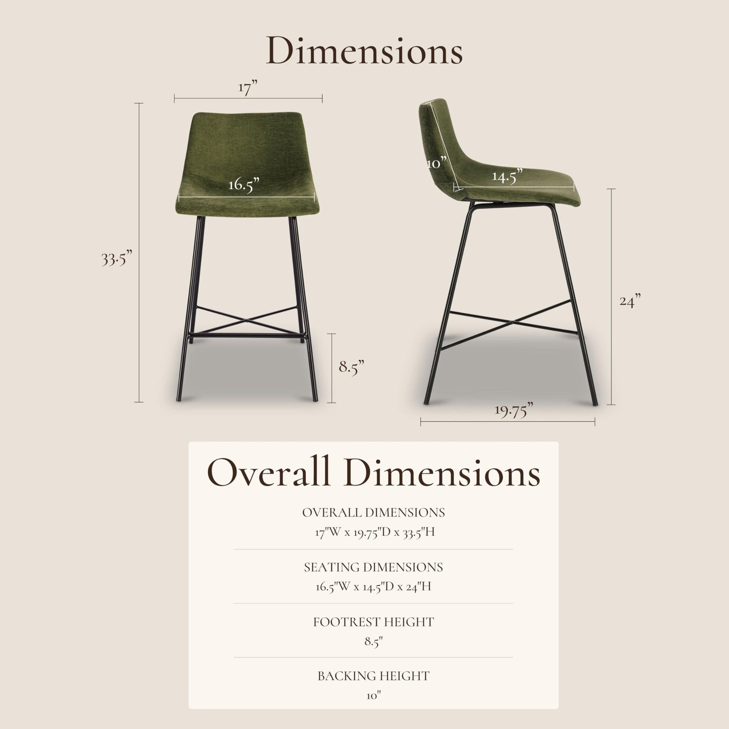 POLY & BARK Paxton Leather Counter Stools 24 Inches – Set of 2 - Counter Height Bar Stools with Back – Modern Barstools for Kitchen Island or Counters – Faux Leather & Matte Black Steel Base – Tan