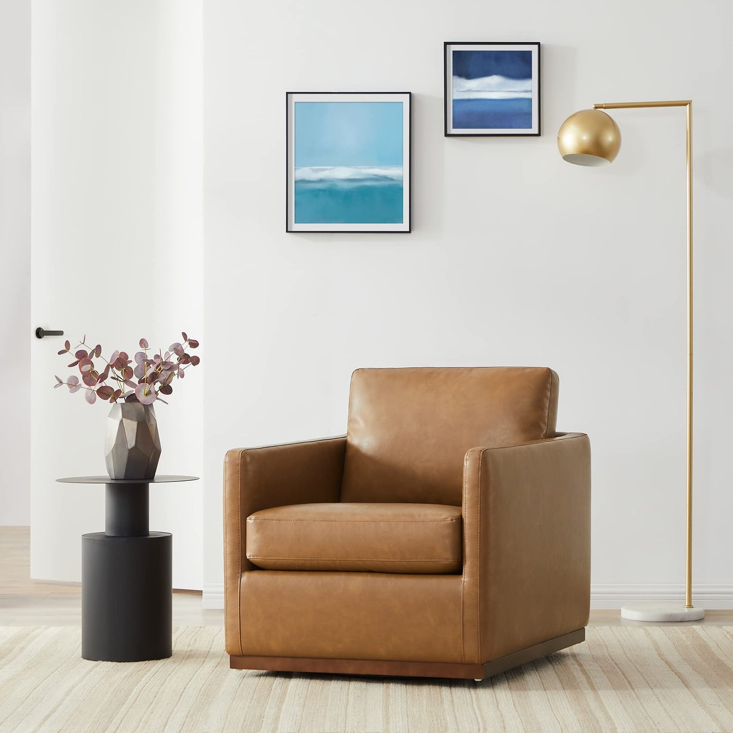 CHITA Genuine Leather Swivel Accent Chair, FSC Certified Mid Century Modern Arm Chair for Living Room and Bedroom, Fully Assembled, Saddle