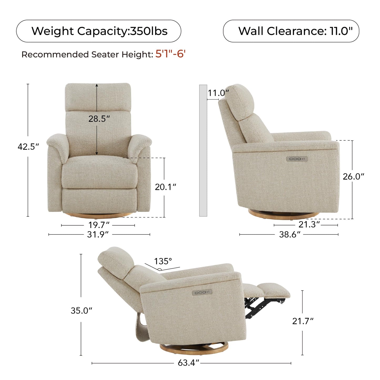 CHITA Power Swivel Glider for Adults with Nightlight, Nursery Recliner Chair with Power Headrest for Living Room, Bedroom, Water-Resistant Boucle Fabric in Sand