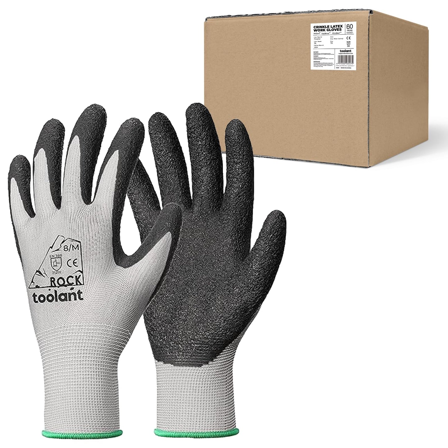 toolant Crinkle Latex Work Gloves Bulk, Rubber Coated Safety Work Gloves for Men and Women, 12 Pairs for Construction, Gardening, Warehouse (Black, Large)