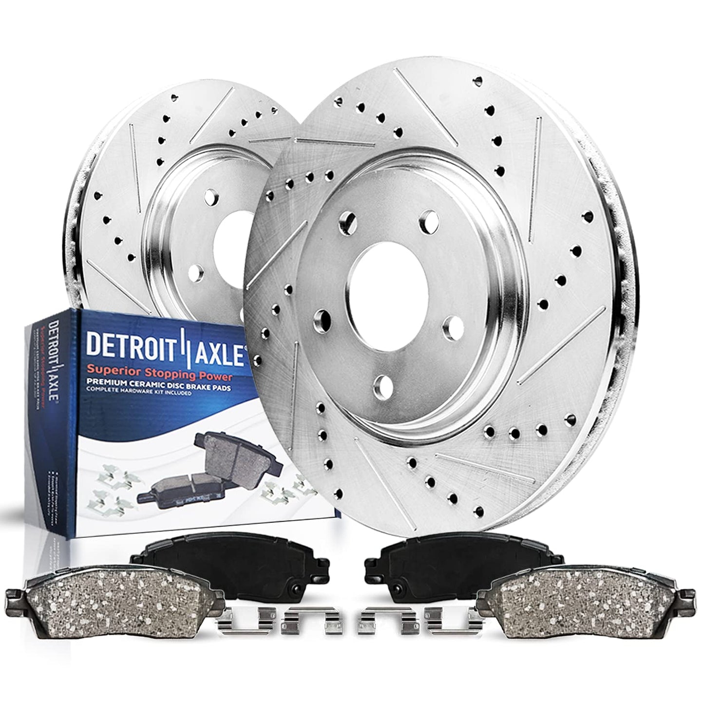Detroit Axle - Front Brake Kit for 2006-2018 Dodge Ram 1500, 07-09 Durango Chrysler Aspen, 2019-2024 Ram 1500 Classic, Drilled and Slotted Disc Brake Rotors Ceramic Brakes Pads Replacement