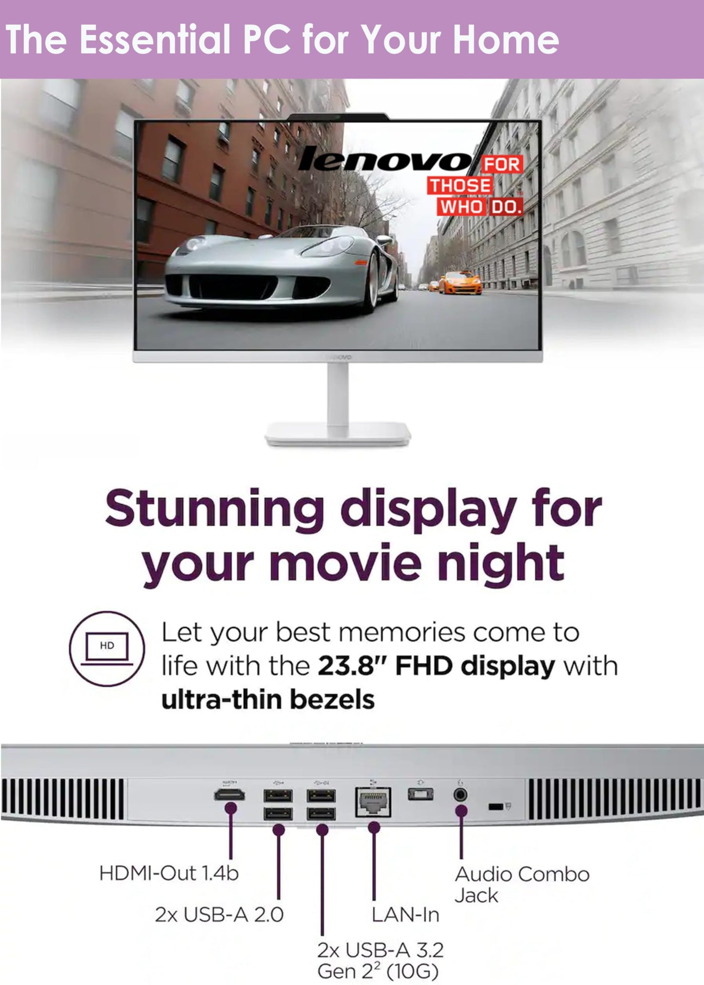 Lenovo All in One Desktop, Intel Ultra-Fast 4-Core CPU| 24'' FHD Display| 16GB RAM, 256GB PCIe SSD On Board Plus 512GB HDD External | Wi-Fi 6| Bluetooth| RJ-45| Windows 11 | HDMI | Wireless KB & Mouse