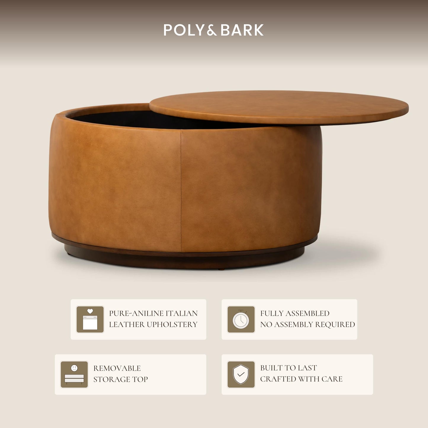 POLY & BARK Essex 89” Full-Grain Italian Leather Sofa – Tufted Back, Feather-Down Comfort, Solid Wood Frame, Cognac Tan
