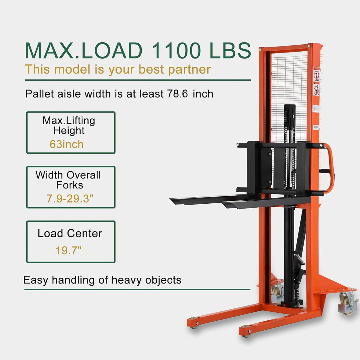 Tory Carrier Manual Pallet Stacker 1100lbs Capacity 63" Lift Height