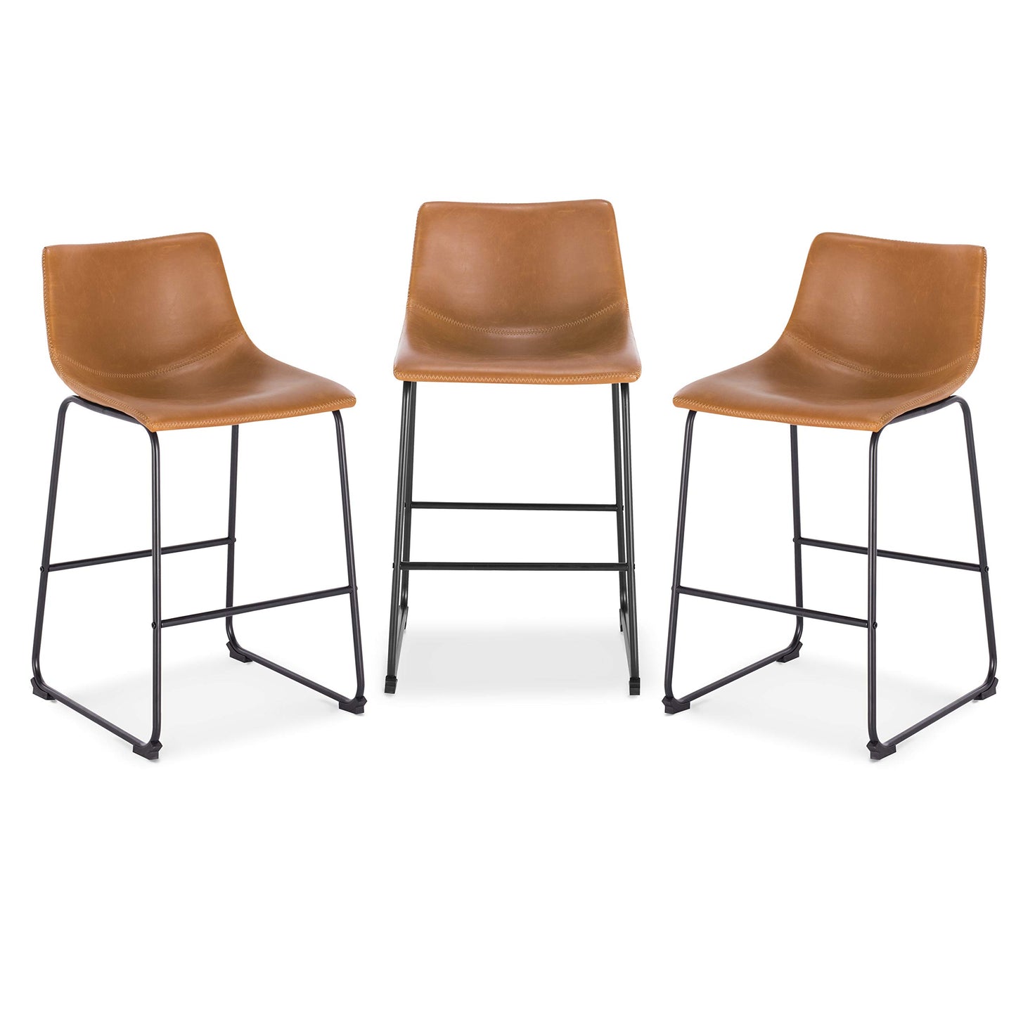 POLY & BARK Brinley Counter Stool Set of 3, Modern Armless Counter-Height Stools with Gently Curved Backrest and Wood Legs, Tan Faux Leather, for Kitchen Island or Breakfast Bar, 24" seat height