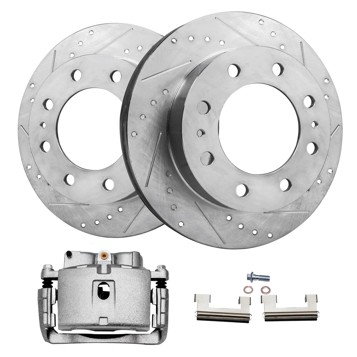 Detroit Axle - Front Brake Kit for 2006-2018 Dodge Ram 1500, 07-09 Durango Chrysler Aspen, 2019-2024 Ram 1500 Classic, Drilled and Slotted Disc Brake Rotors Ceramic Brakes Pads Replacement