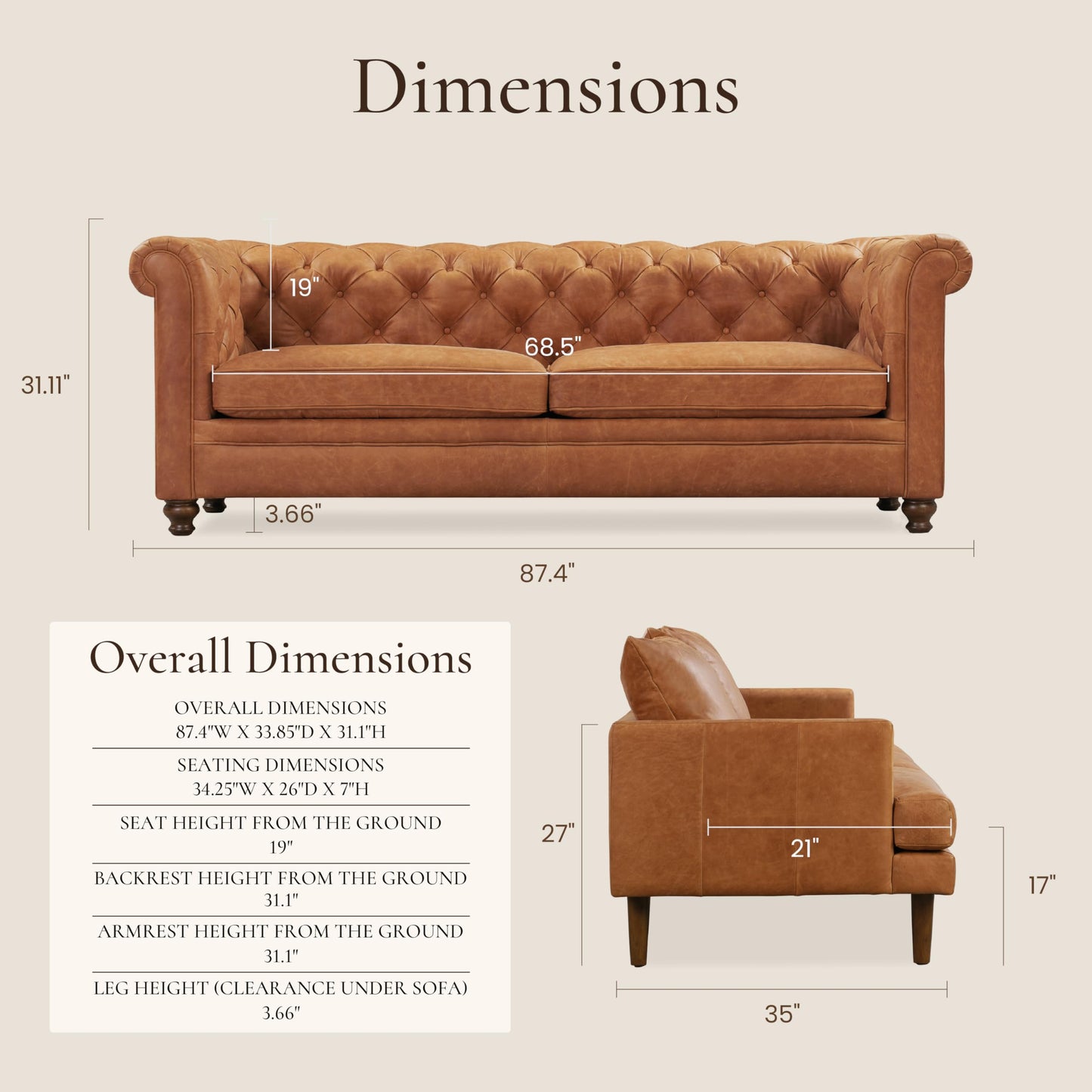 POLY & BARK Sorrento 86" Sofa – Cognac Tan Full-Grain Pure-Aniline Italian Leather, Feather-Down Cushions, Solid Wood Frame & Walnut Legs